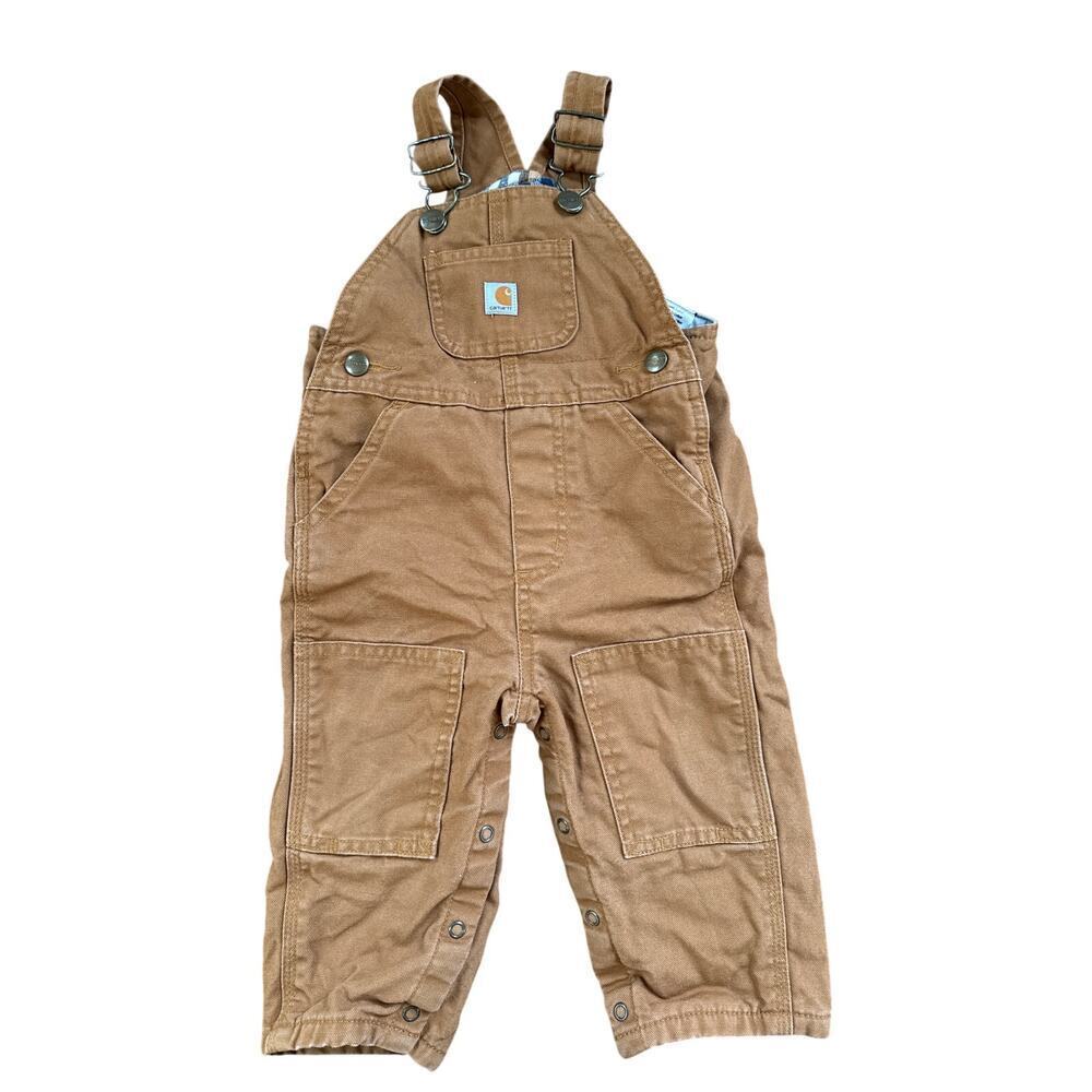 Baby Carhartt Duck Bib Overalls Brown 100% Cotton Fleece Lined Size 12 months